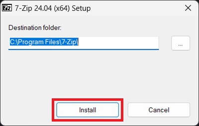 7 Zip 24.04 setup, selecting installation location