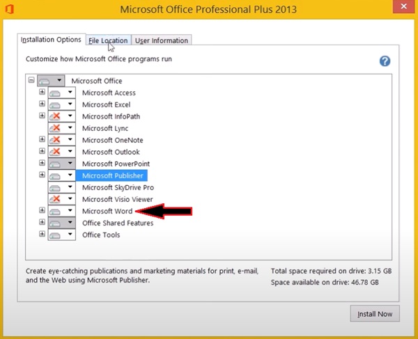 Selecting just MS Word 2013 for installation