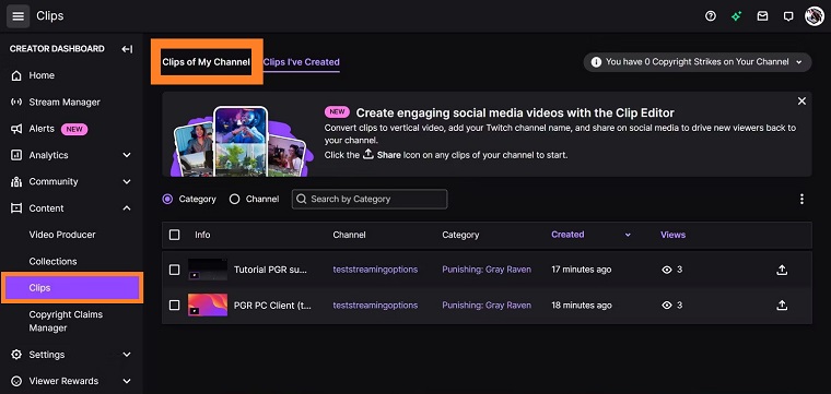 Click on Clips of My Channel tab to download twitch clips