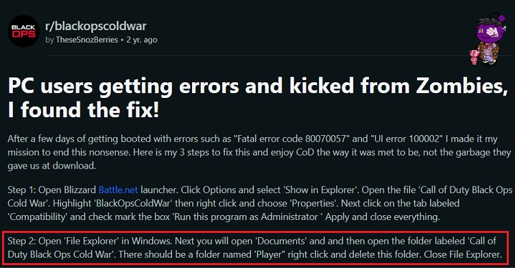 Delete Player files from documents to fix fatal error crash in COD BOCW