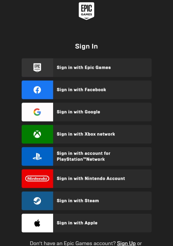 Sign Up or Sign into Epic Games Launcher