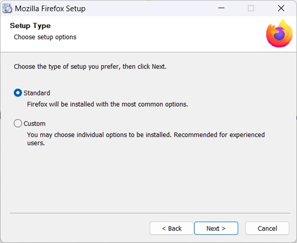 Mozilla Firefox offline installation type selection