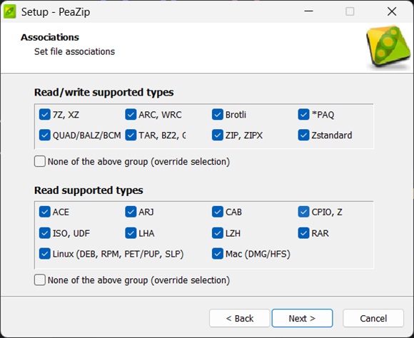 PeaZip associated file types selection