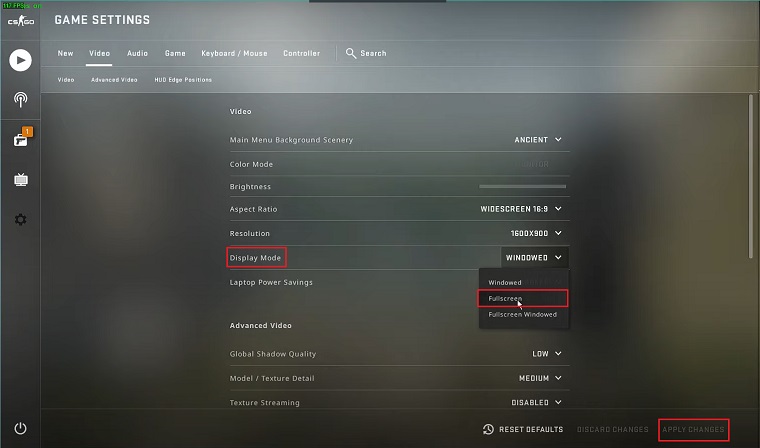 Switching CSGO to Fullscreen Mode from windowed/fullscreen windowed.