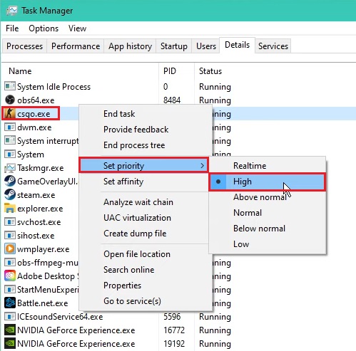 Setting CS:GO to High Priority In Task Bar details tab.