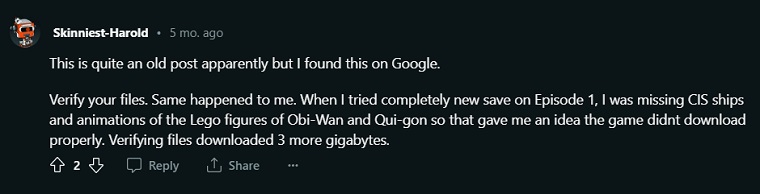 Reddit user fixed LEGO Star Wars: The Skywalker Saga crashing issue on PC by verifying integrity of game files
