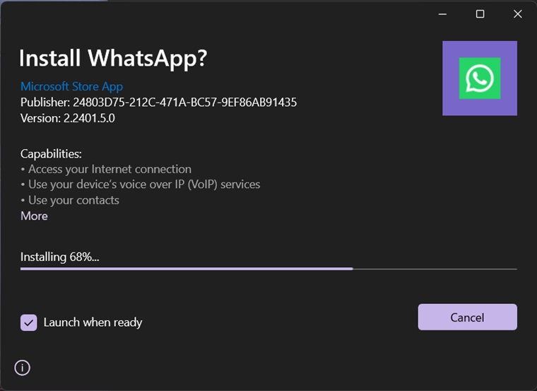 WhatsApp Download for PC setup screen during installation.